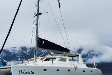 The Odyssey sailboat is a 2009 Voyage 500 sailing catamaran with a blue sail cover and white boat that was the name on the side sitting in the bay of Lake Clark National Park.