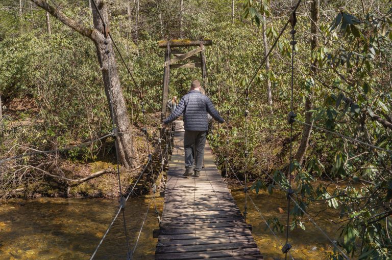 Women with blonde hair, grey jacket, and black pants walks across write and wooden swinging bridge during ecotherapy tour