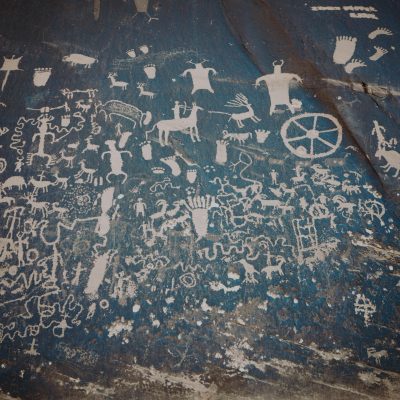 Ancient native american petroglyph rock drawings at Newspaper Rock State Historic Park, Indian Creek Unit, Bears Ears National Monument, Utah