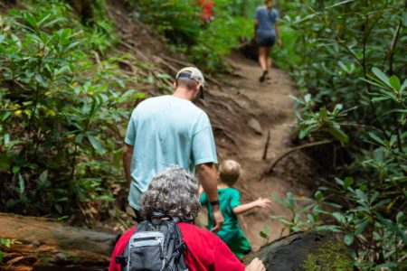 A older women in red shirt, man in blue shirt, and child in green shift during Pisgah hike walk over a log on a forest trail behind other hikers.