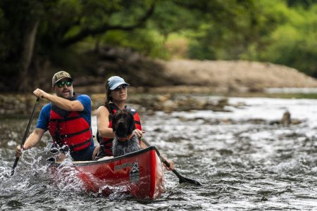 A man and woman couple paddle a canoe the French Broad river rapid while wearing red life jackets while enjoying Asheville's fall colors.