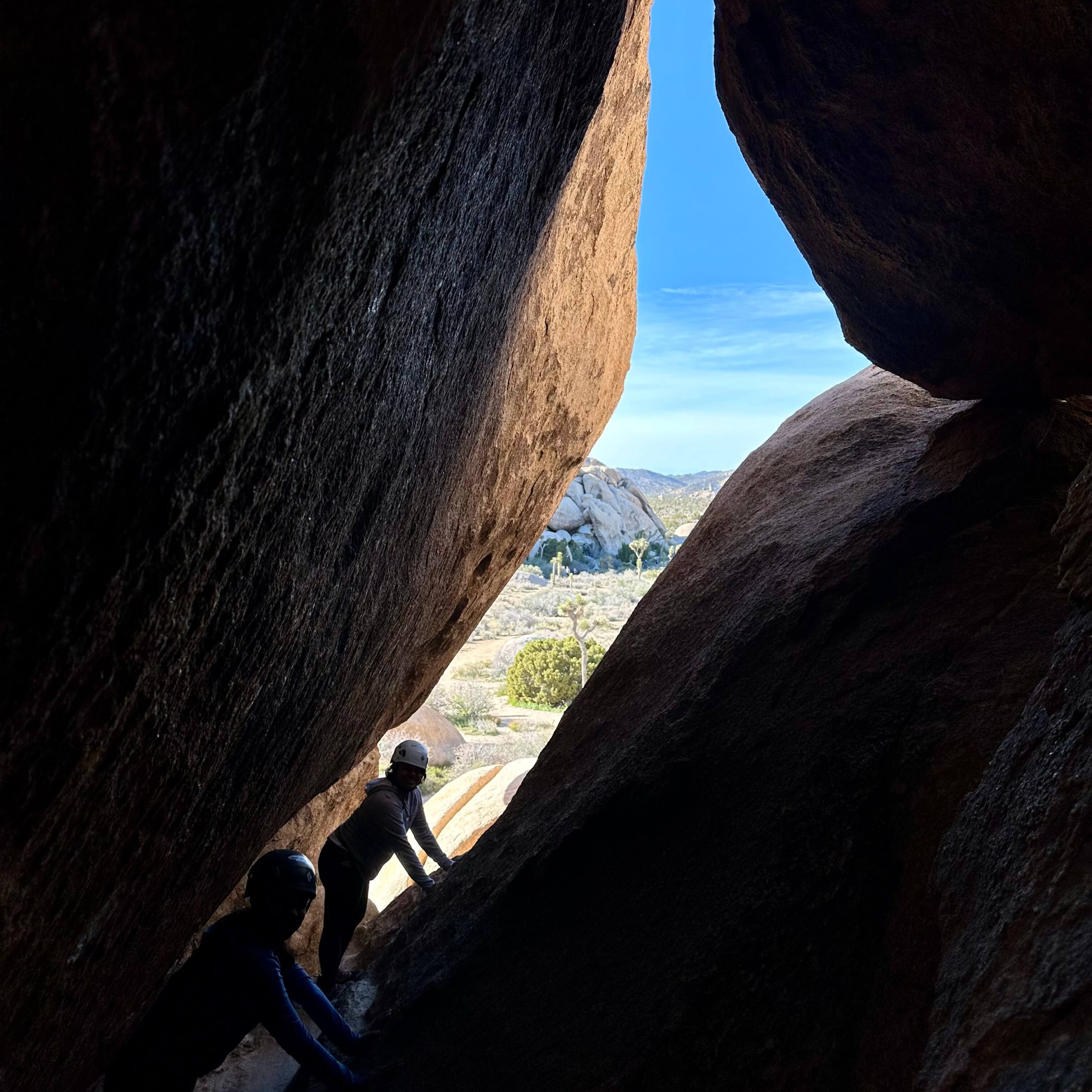 Ttwo people stand with arms bracing them on a slanted slab rock while looking a view of joshua trees in desert landscape outside of corridor.