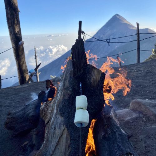 view of roasting two marshmallows on a tick over a fire atop a mountain with a view of a volcano in the background