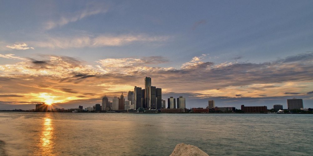 Overlooking Lake St. Claire view of Detroit, MI at sunset.