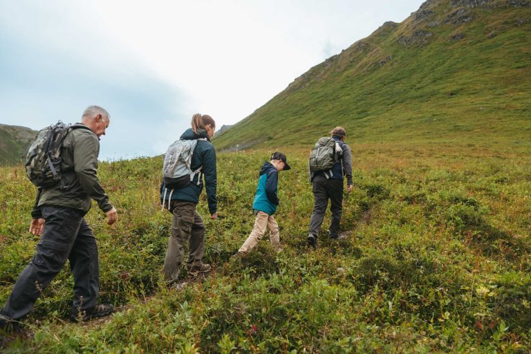 hiking tour guide in alaska teaching clients about glaciers