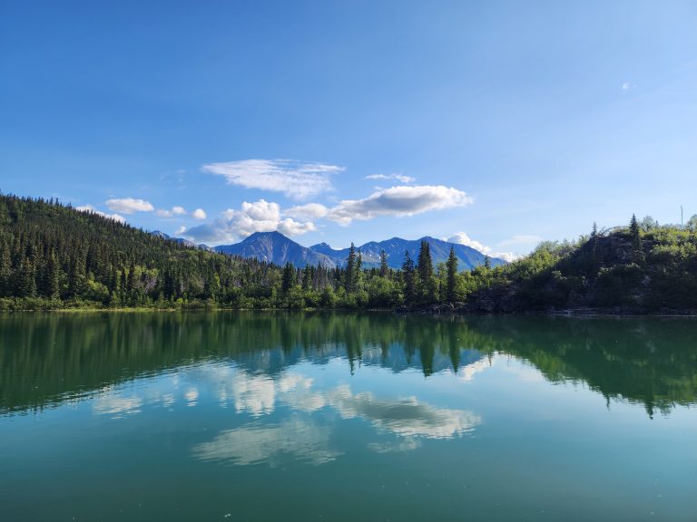 Stunning summer at Lake Clark National Park with clear skies and blue water.