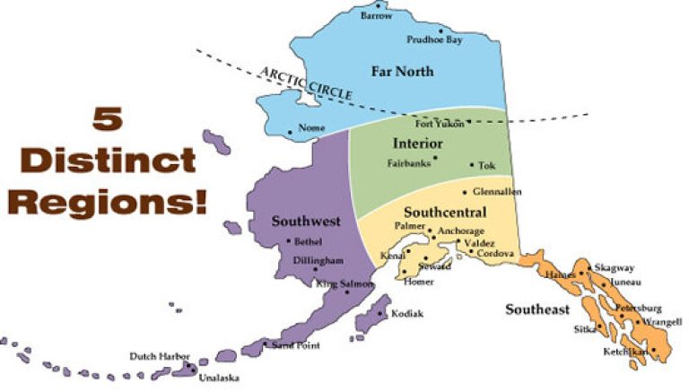 map of five regions of alaska crediting original source
