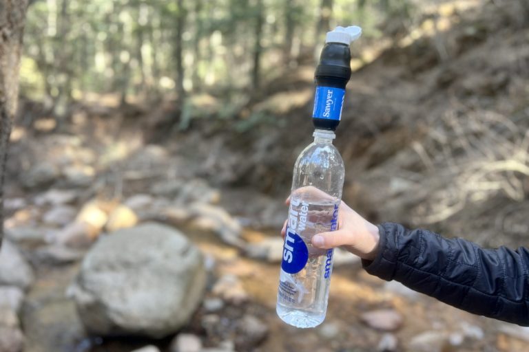 backpacking tip with sawyer squeeze on smartwater bottle for water filtration