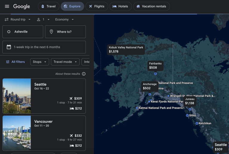 Google flights explore view to find budget flights for alaska vacations