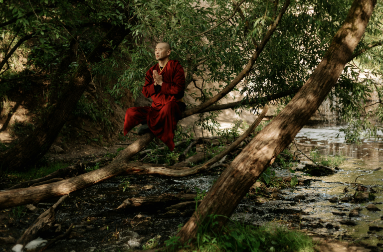 man practicing shinrin yoku benefits by a stream in a forest