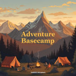new travel community adventure basecamp logo with campfire and mountains in distance