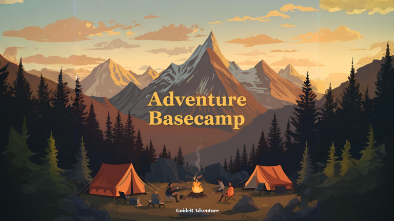 new travel community adventure basecamp logo with campfire and mountains in distance