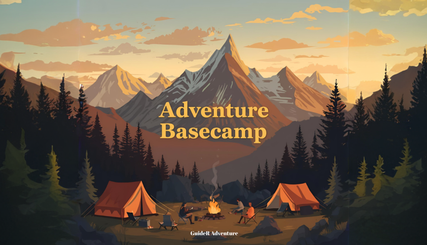 new travel community adventure basecamp logo with campfire and mountains in distance