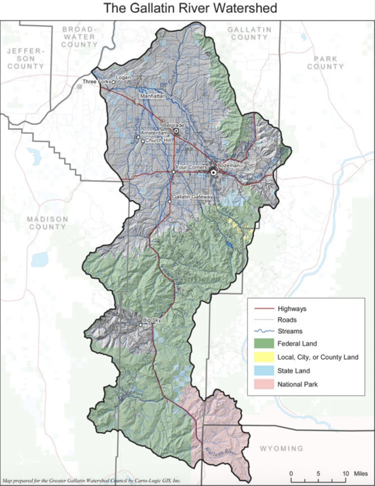 gallatin river watershed regional map of federal, local, state, and national park land