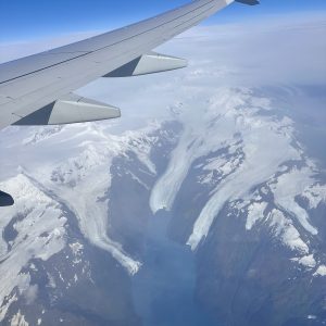 Ariel view of glaciers when flying into Anchorage, Alaska