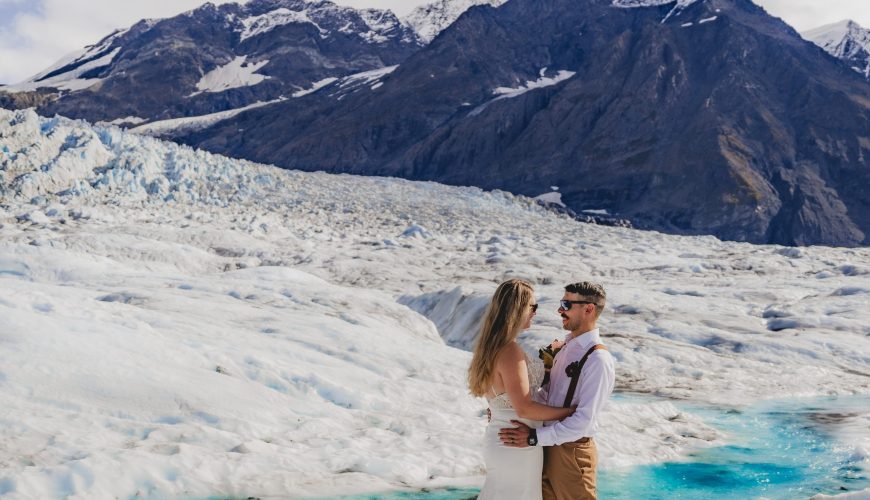 Alaska elopement on a glacier helicopter wedding
