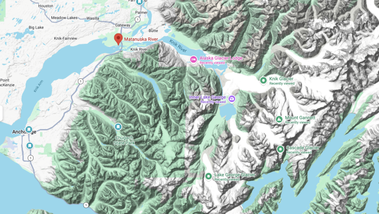 google map view of knik glacier and knik river valley for helicopter glacier elopement in alaska